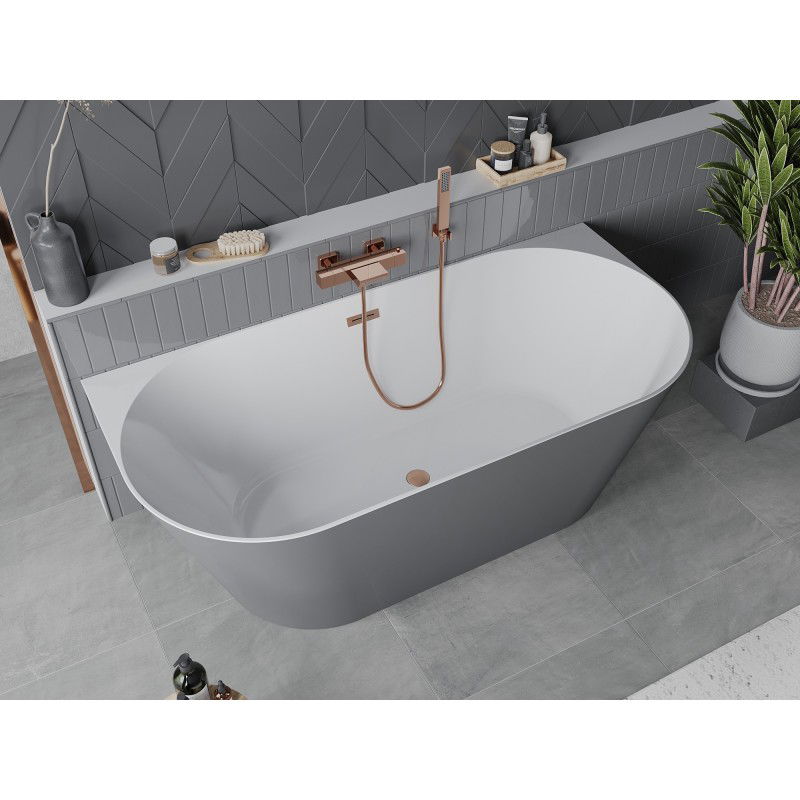 Mexen Oval Slim baignoire autoportante adossée 170 x 80 cm, blanc/gris, trop-plein cuivre brossé - 52661708062-65