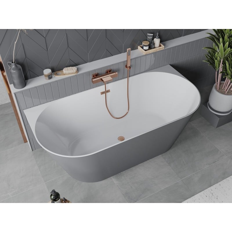 Mexen Oval Slim baignoire autoportante murale 170 x 80 cm, blanche/grise, trop-plein cuivre brossé - 52661708062-65