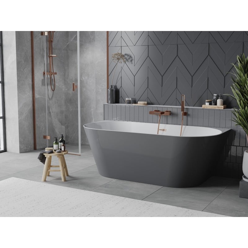 Mexen Oval Slim baignoire autoportante murale 170 x 80 cm, blanche/grise, trop-plein cuivre brossé - 52661708062-65