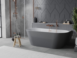 Mexen Oval Slim baignoire autoportante murale 170 x 80 cm, blanche/grise, trop-plein cuivre brossé - 52661708062-65