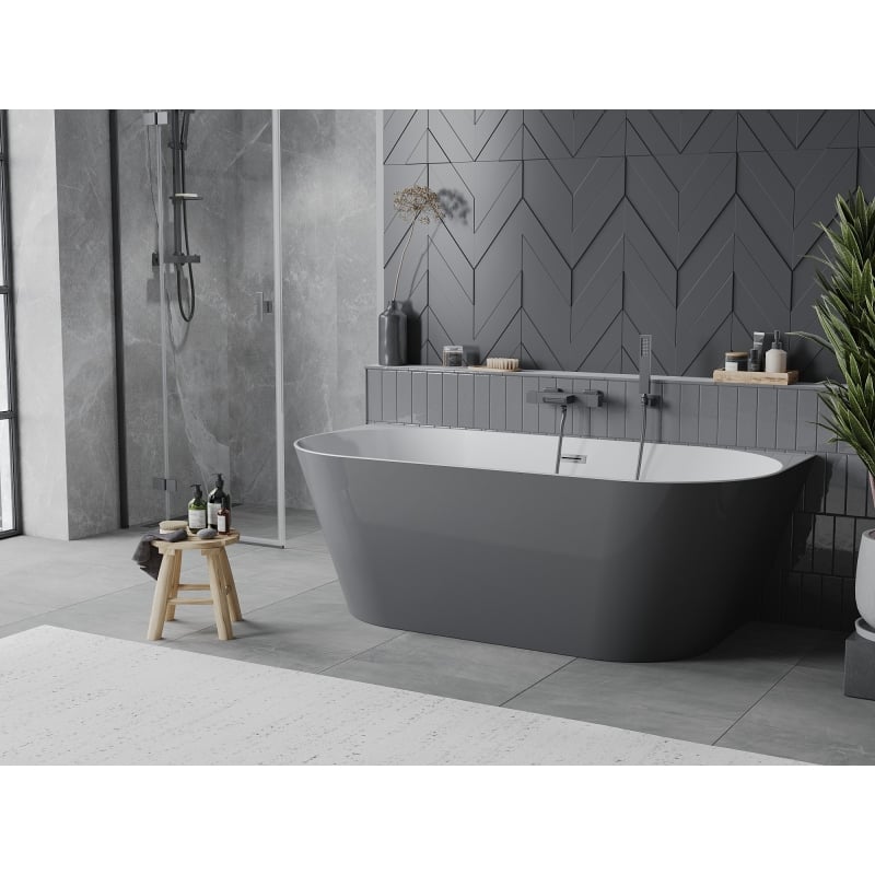 Mexen Oval Slim baignoire autoportante adossée 170 x 80 cm, blanche/grise, trop-plein gris canon brossé - 52661708062-66