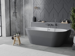 Baignoire autonome Mexen Oval Slim adossée 170 x 80 cm, blanc/gris, trop-plein gun gray brossé - 52661708062-66