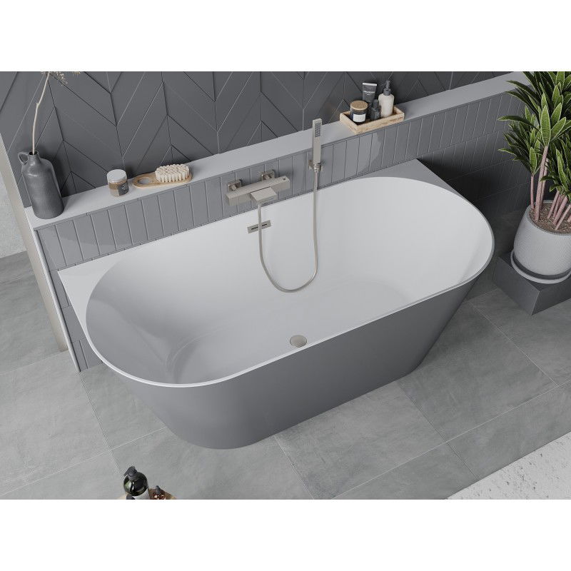 Mexen Oval Slim baignoire autoportante adossée 170 x 80 cm, blanc/gris, trop-plein nickel brossé - 52661708062-97