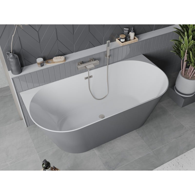 Mexen Oval Slim baignoire autoportante murale 170 x 80 cm, blanche/grise, trop-plein en nickel brossé - 52661708062-97