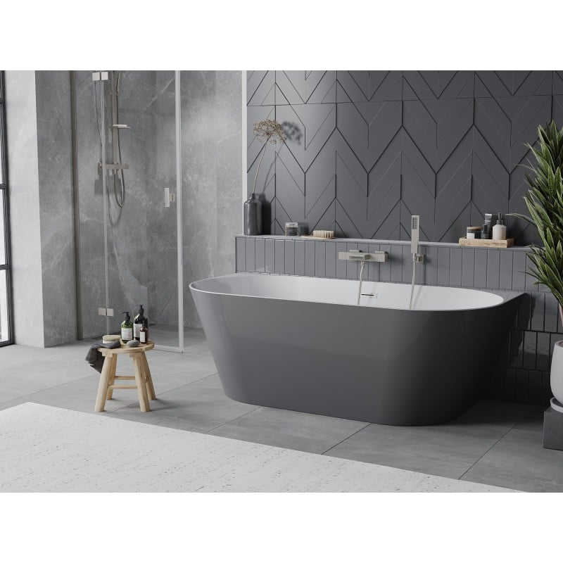 Mexen Oval Slim baignoire autoportante murale 170 x 80 cm, blanche/grise, trop-plein en nickel brossé - 52661708062-97