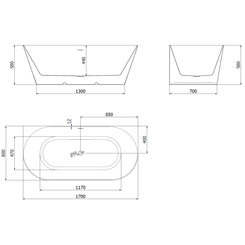 Mexen Oval Slim baignoire îlot adossée 170 x 80 cm, blanche/noire, trop-plein blanc - 52661708075-20
