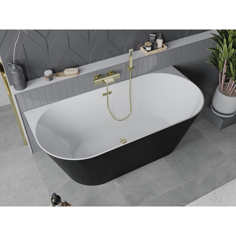 Mexen Oval Slim baignoire autoportante adossée 170 x 80 cm, blanc/noir, trop-plein doré - 52661708075-50
