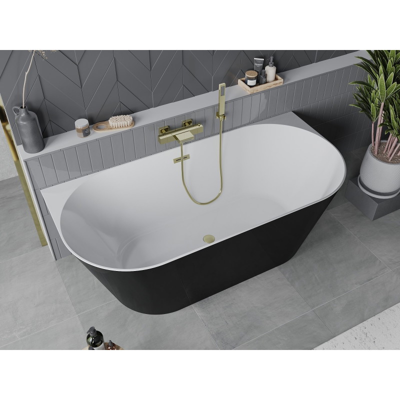 Mexen Oval Slim baignoire autoportante adossée 170 x 80 cm, blanche/noire, trop-plein doré brossé - 52661708075-55