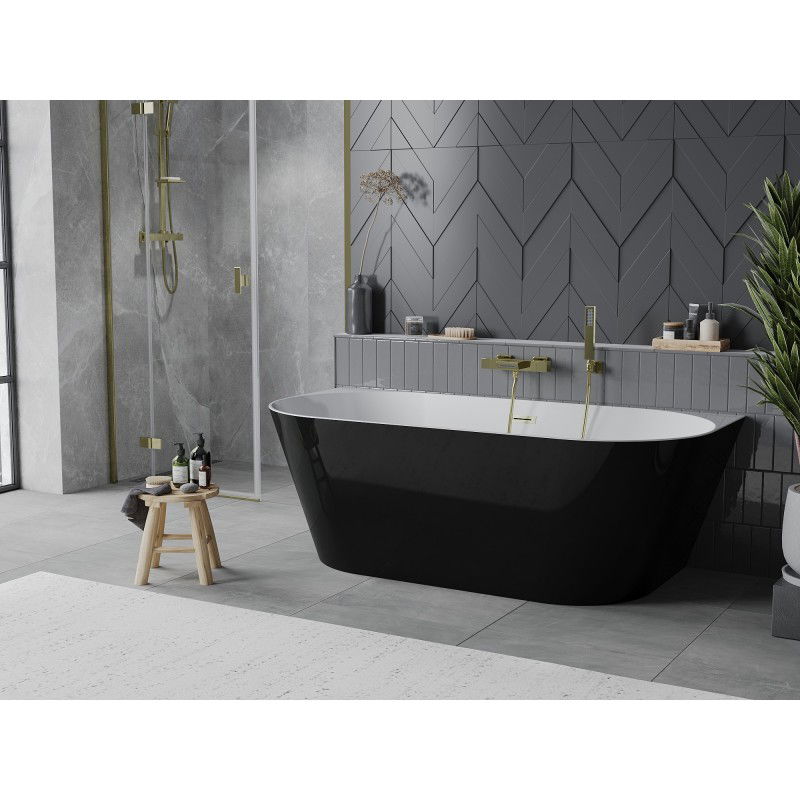Mexen Oval Slim baignoire îlot adossée 170 x 80 cm, blanc/noir, trop-plein doré brossé - 52661708075-55
