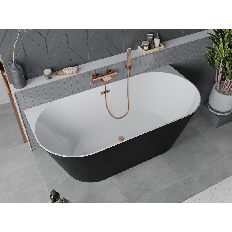 Mexen Oval Slim baignoire autoportante adossée 170 x 80 cm, blanche/noire, trop-plein cuivre brossé - 52661708075-65