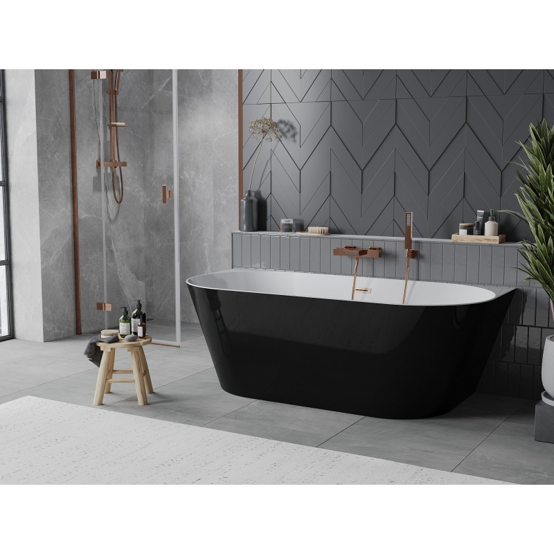 Mexen Oval Slim baignoire autoportante adossée 170 x 80 cm, blanche/noire, trop-plein cuivre brossé - 52661708075-65