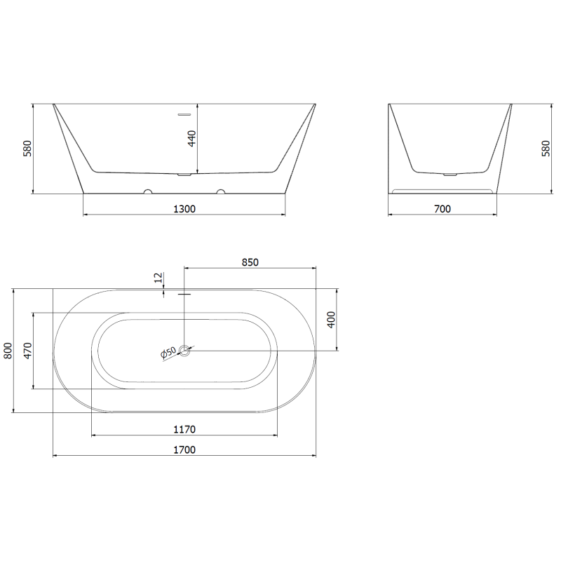 Mexen Oval Slim baignoire autoportante adossée 170 x 80 cm, blanc/noir, trop-plein gun gray brossé - 52661708075-66