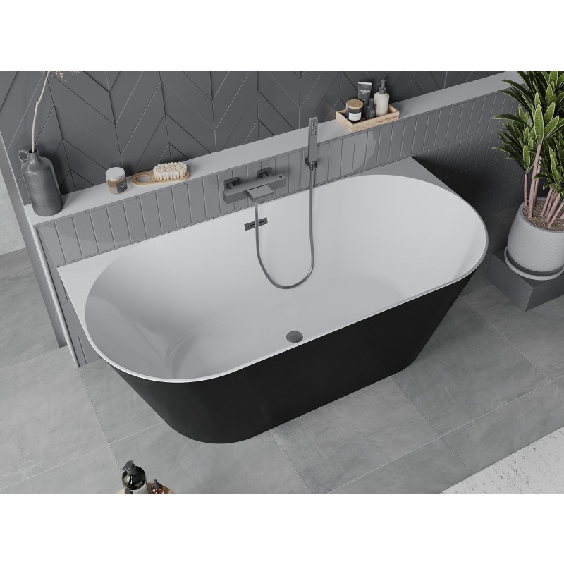 Mexen Oval Slim baignoire autoportante adossée 170 x 80 cm, blanche/noire, trop-plein gris canon brossé - 52661708075-66