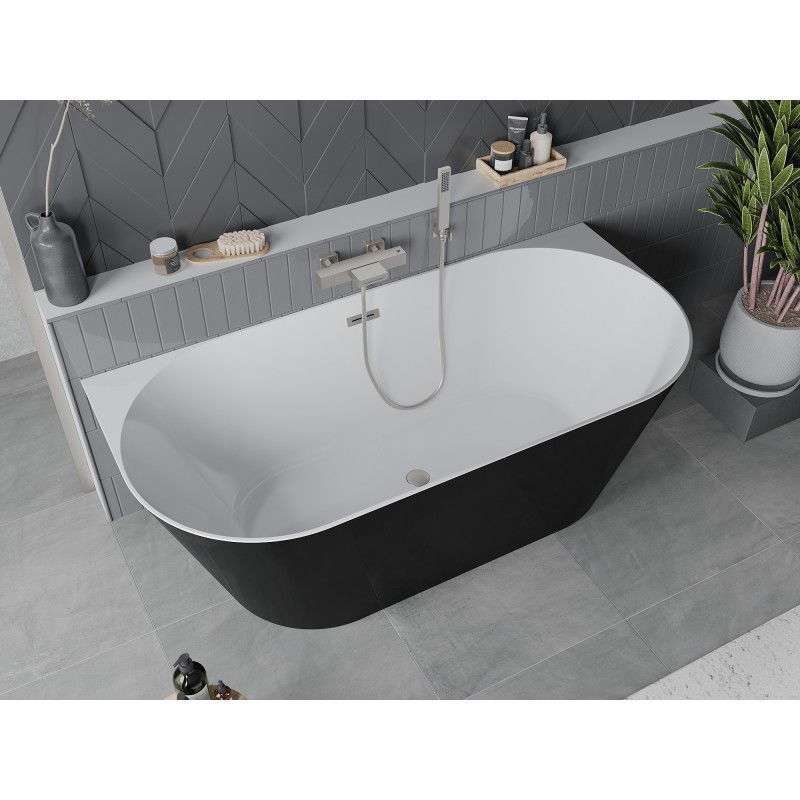 Mexen Oval Slim baignoire autoportante adossée 170 x 80 cm, blanc/noir, trop-plein nickel brossé - 52661708075-97