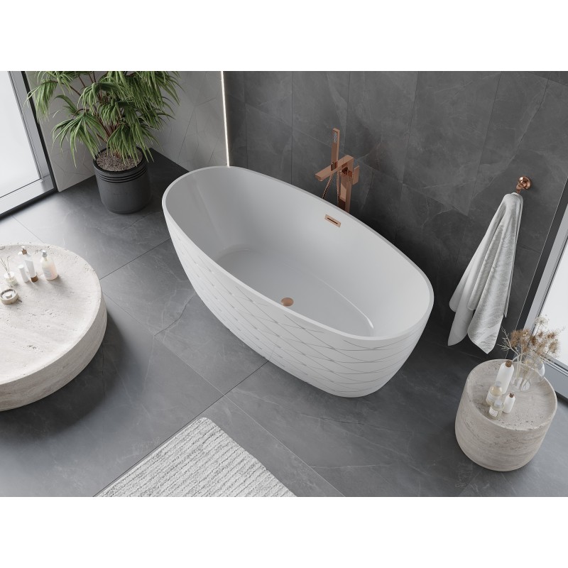 Mexen Olea baignoire autoportante motif 170 x 80 cm, blanche, trop-plein cuivre brossé - 52821708000-65