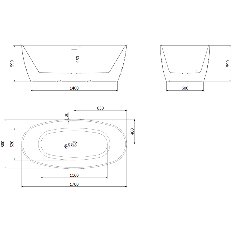 Mexen Olea baignoire autoportante motif 170 x 80 cm, blanc, trop-plein nickel brossé - 52821708000-97