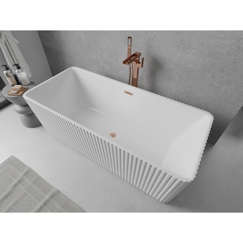 Mexen Nila baignoire autoportante rainurée 170 x 75 cm, blanche, trop-plein cuivre brossé - 52841708000-65