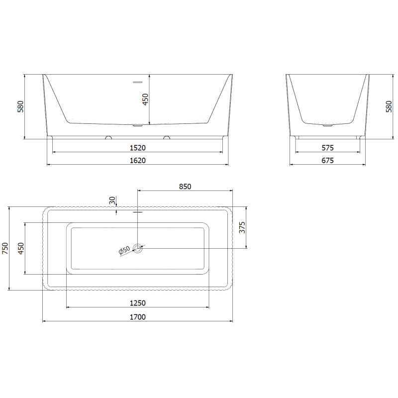 Mexen Nila baignoire autoportante cannelée 170 x 75 cm, blanc/noir, trop-plein or rose - 52841708075-60