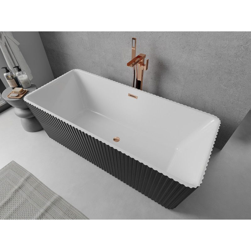 Mexen Nila baignoire autoportante cannelée 170 x 75 cm, blanc/noir, trop-plein or rose - 52841708075-60