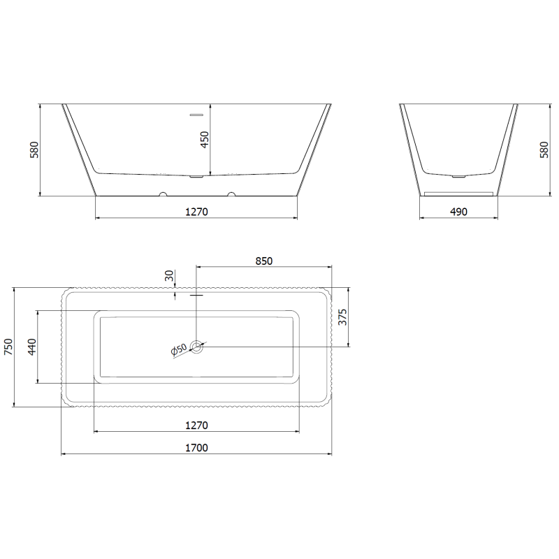 Mexen Tava baignoire autoportante rainurée 170 x 75 cm, blanche, trop-plein brossé or - 52851707500-55