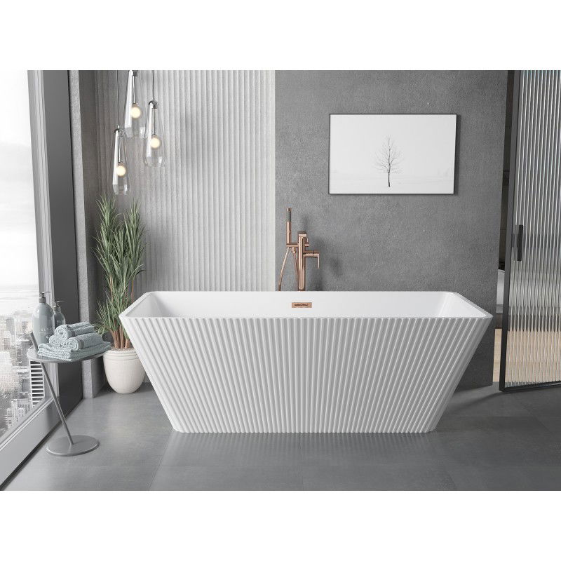Mexen Tava baignoire autoportante cannelée 170 x 75 cm, blanche, trop-plein en cuivre brossé - 52851707500-65