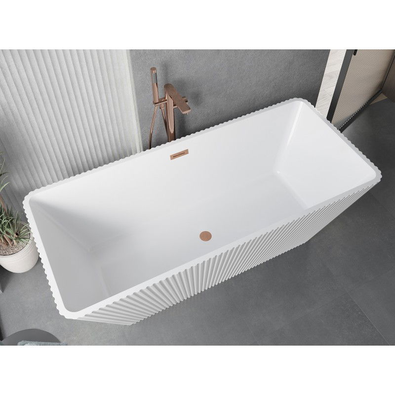 Mexen Tava baignoire autoportante cannelée 170 x 75 cm, blanche, trop-plein en cuivre brossé - 52851707500-65