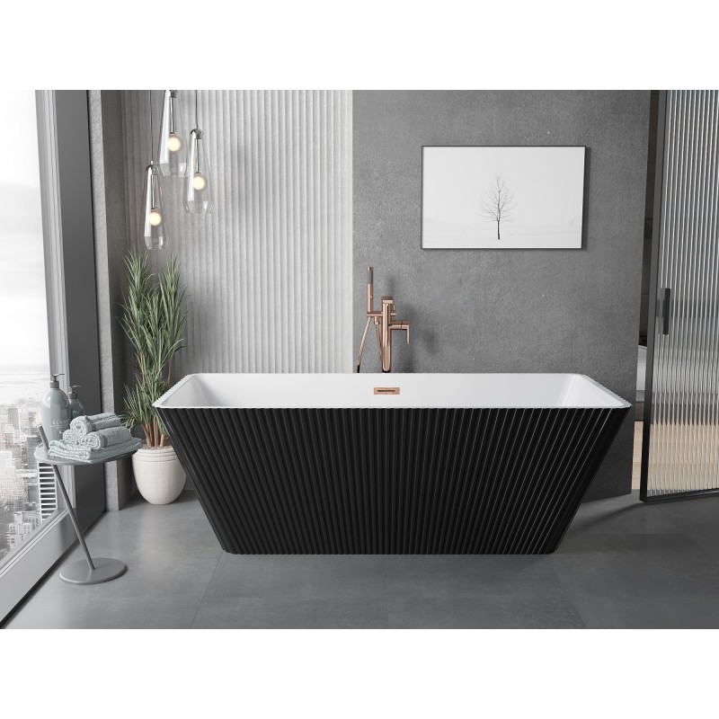 Mexen Tava baignoire autoportante rainurée 170 x 75 cm, blanc/noir, trop-plein cuivre brossé - 52851707575-65