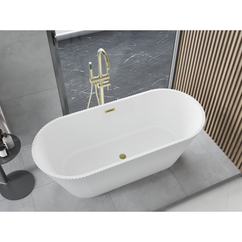 Mexen Yara baignoire autoportante rainurée 170 x 75 cm, blanche, trop-plein or brossé - 52861707500-55