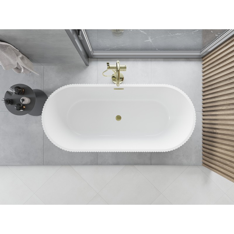Mexen Yara baignoire autoportante rainurée 170 x 75 cm, blanche, trop-plein or brossé - 52861707500-55