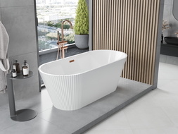 Mexen Yara baignoire autoportante cannelée 170 x 75 cm, blanche, trop-plein cuivre brossé - 52861707500-65