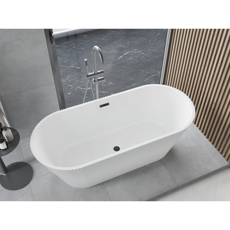 Mexen Yara baignoire îlot rainurée 170 x 75 cm, blanche, trop-plein gun gray brossé - 52861707500-66