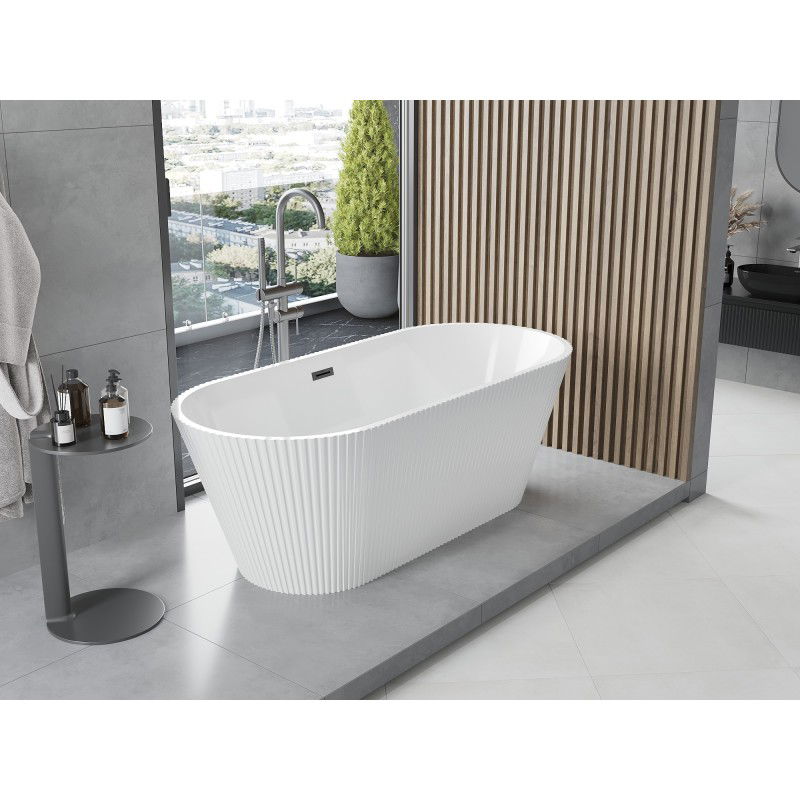 Mexen Yara baignoire îlot rainurée 170 x 75 cm, blanche, trop-plein gun gray brossé - 52861707500-66