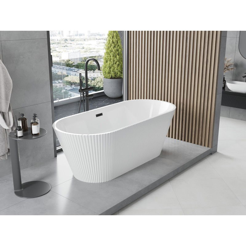 Mexen Yara baignoire autoportante cannelée 170 x 75 cm, blanche, trop-plein noir - 52861707500-70