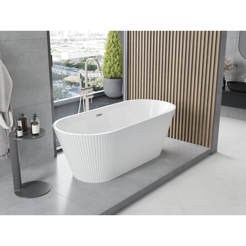 Mexen Yara baignoire autoportante cannelée 170 x 75 cm, blanche, trop-plein nickel brossé - 52861707500-97