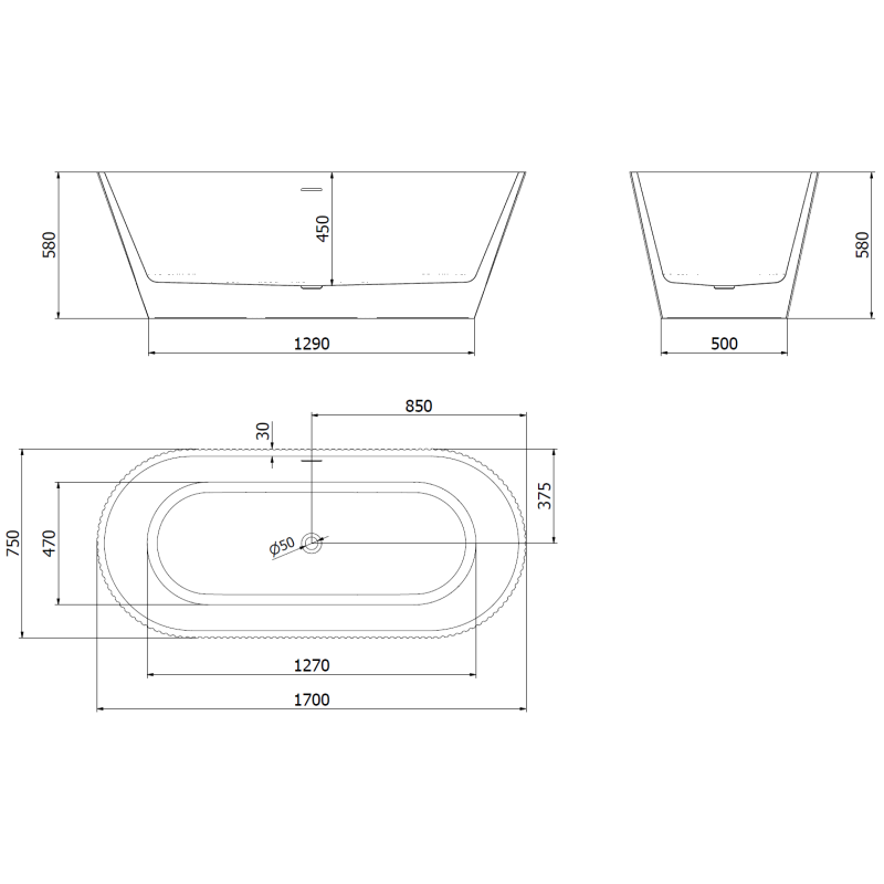 Mexen Yara baignoire autoportante rainurée 170 x 75 cm, blanc/noir, trop-plein or rose - 52861707575-60