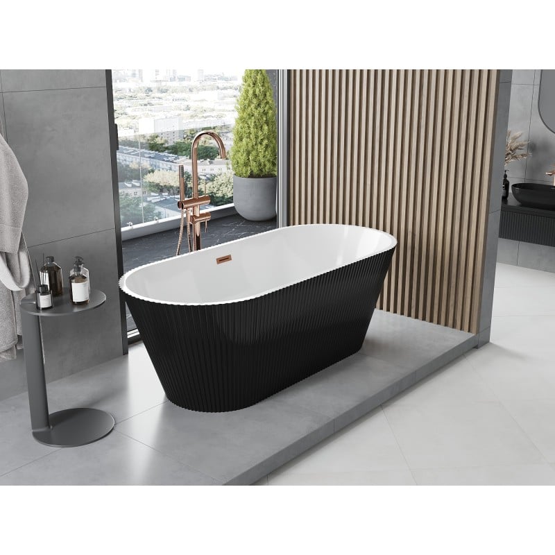 Mexen Yara baignoire autoportante rainurée 170 x 75 cm, blanc/noir, trop-plein gun gray brossé - 52861707575-66