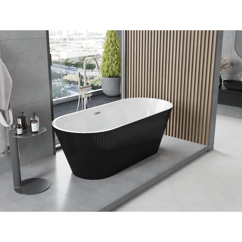 Mexen Yara baignoire autoportante rainurée 170 x 75 cm, blanc/noir, trop-plein nickel brossé - 52861707575-97