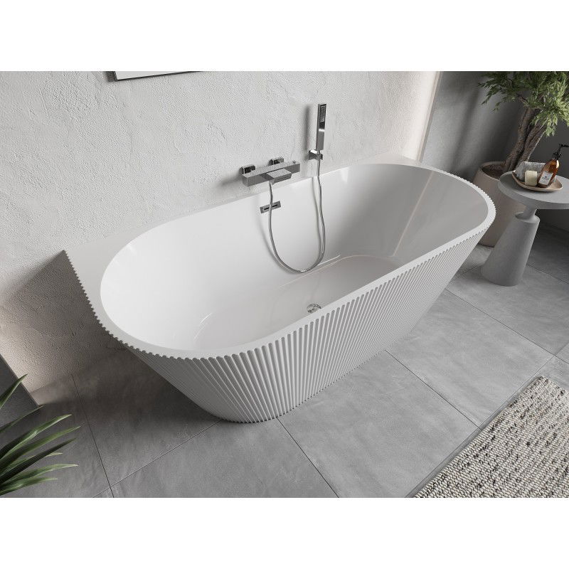 Mexen Oris baignoire autoportante murale rainurée 150 x 75 cm, blanche, trop-plein chromé - 52871507500-01