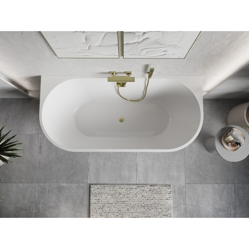 Mexen Oris baignoire autoportante murale cannelée 150 x 75 cm, blanche, trop-plein doré brossé - 52871507500-55