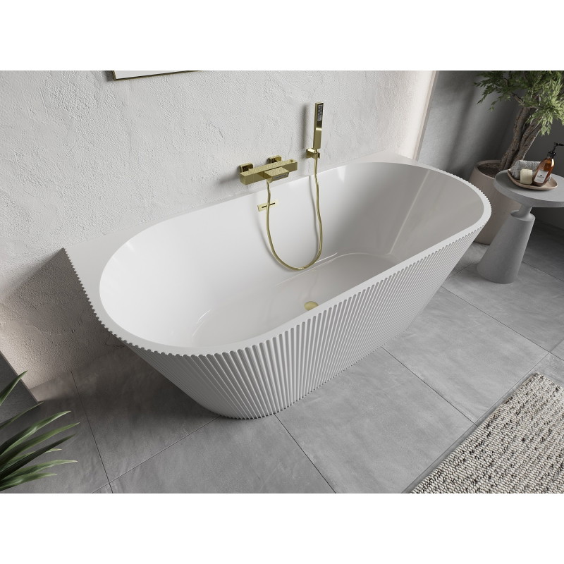 Mexen Oris baignoire autoportante murale cannelée 150 x 75 cm, blanche, trop-plein doré brossé - 52871507500-55