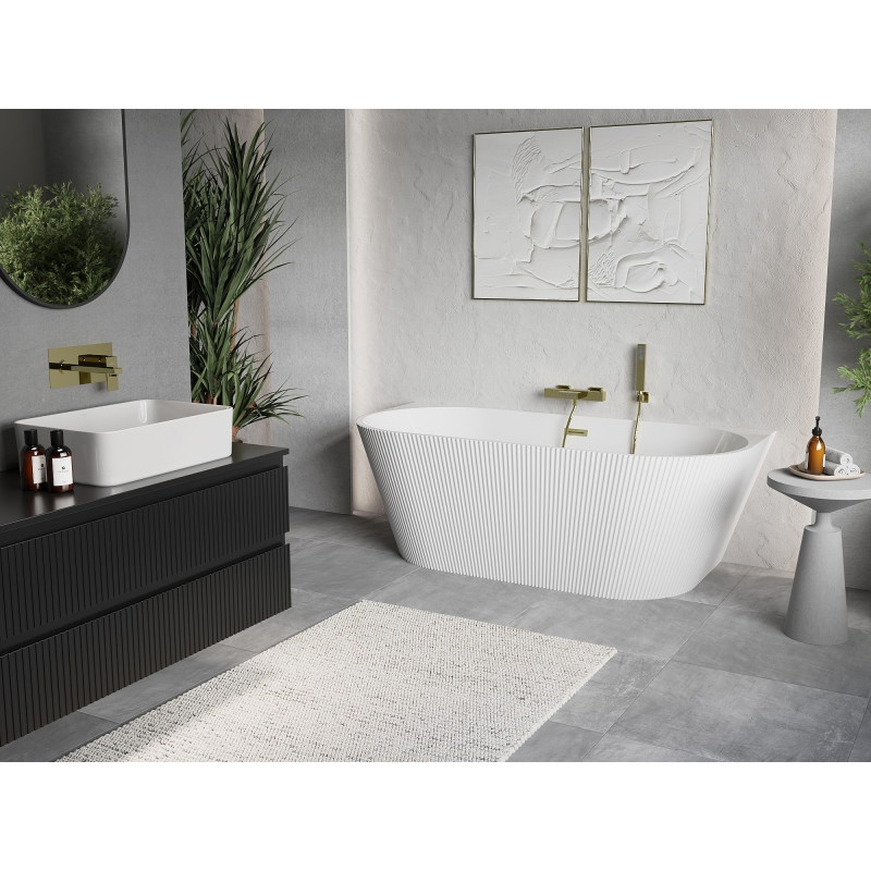 Mexen Oris baignoire autoportante murale cannelée 150 x 75 cm, blanche, trop-plein doré brossé - 52871507500-55