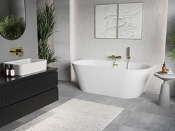 Mexen Oris baignoire autoportante murale cannelée 150 x 75 cm, blanche, trop-plein doré brossé - 52871507500-55