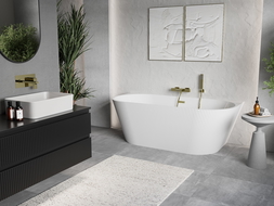 Mexen Oris baignoire autoportante murale rainurée 150 x 75 cm, blanche, trop-plein doré brossé - 52871507500-55
