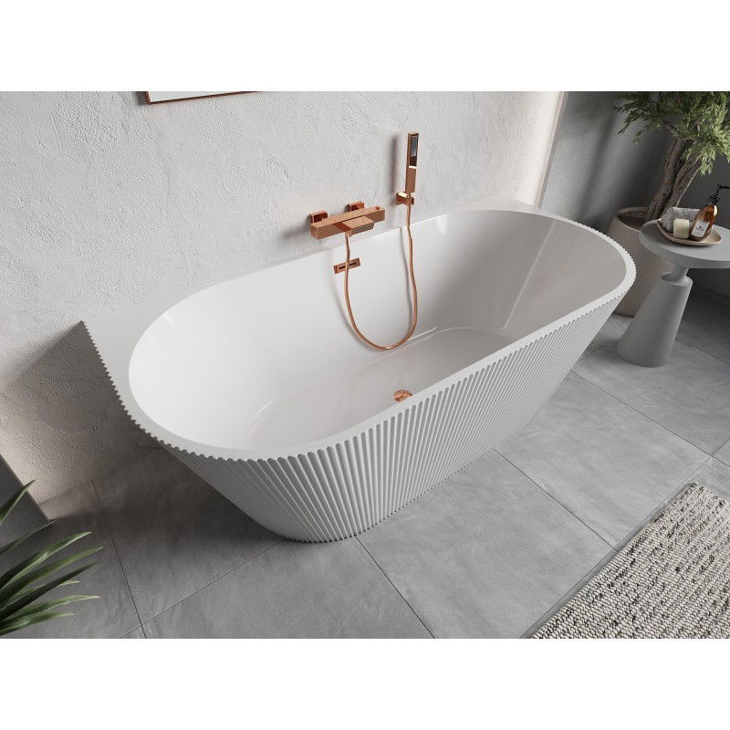 Mexen Oris baignoire autoportante contre le mur rainurée 150 x 75 cm, blanche, trop-plein or rose - 52871507500-60
