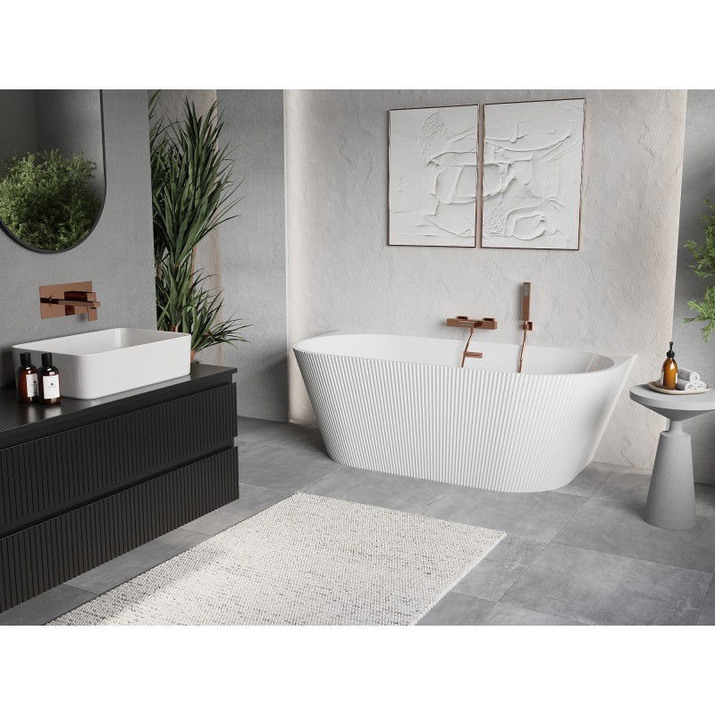 Mexen Oris baignoire autoportante murale nervurée 150 x 75 cm, blanche, trop-plein en cuivre brossé - 52871507500-65