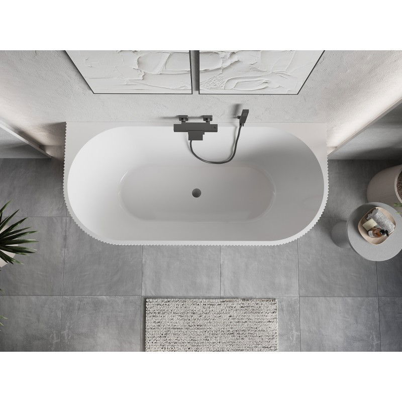 Mexen Oris baignoire autoportante murale cannelée 150 x 75 cm, blanche, trop-plein gun gray brossé - 52871507500-66