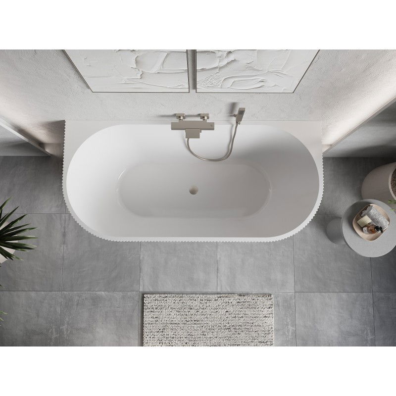 Mexen Oris baignoire autoportante murale rainurée 150 x 75 cm, blanche, trop-plein en nickel brossé - 52871507500-97