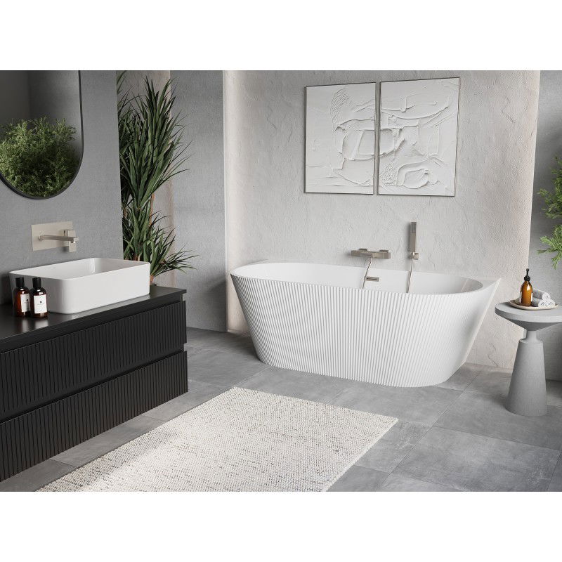 Mexen Oris baignoire autoportante murale rainurée 150 x 75 cm, blanche, trop-plein en nickel brossé - 52871507500-97