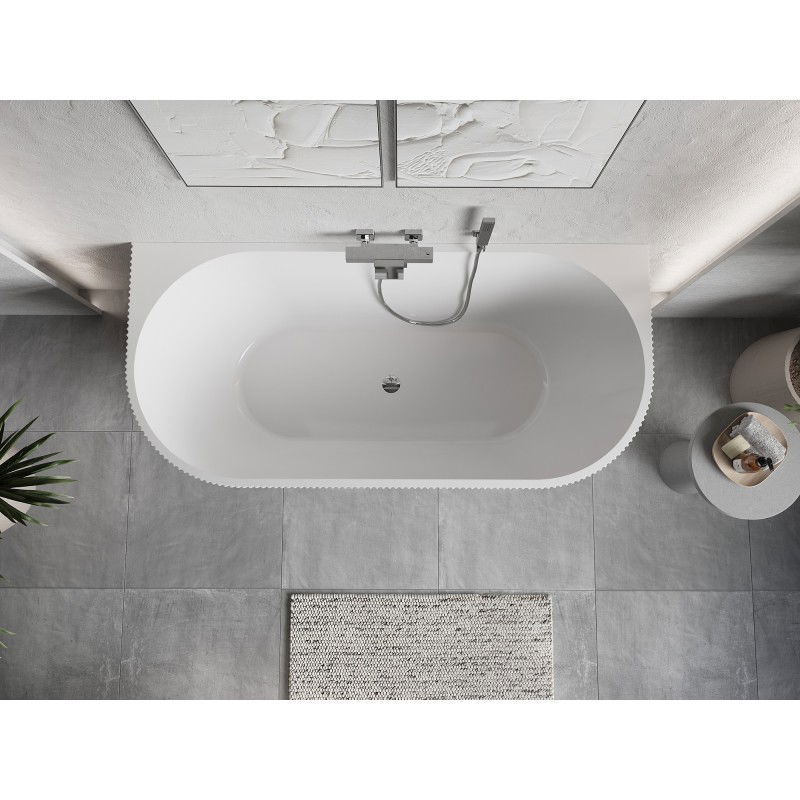 Mexen Oris baignoire indépendante murale rainurée 150 x 75 cm, blanc/gris, trop-plein chromé - 52871507562-01