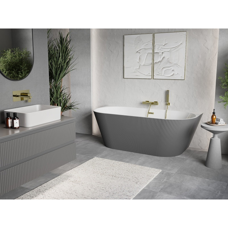 Mexen Oris baignoire autoportante murale nervurée 150 x 75 cm, blanche/grise, trop-plein doré - 52871507562-50
